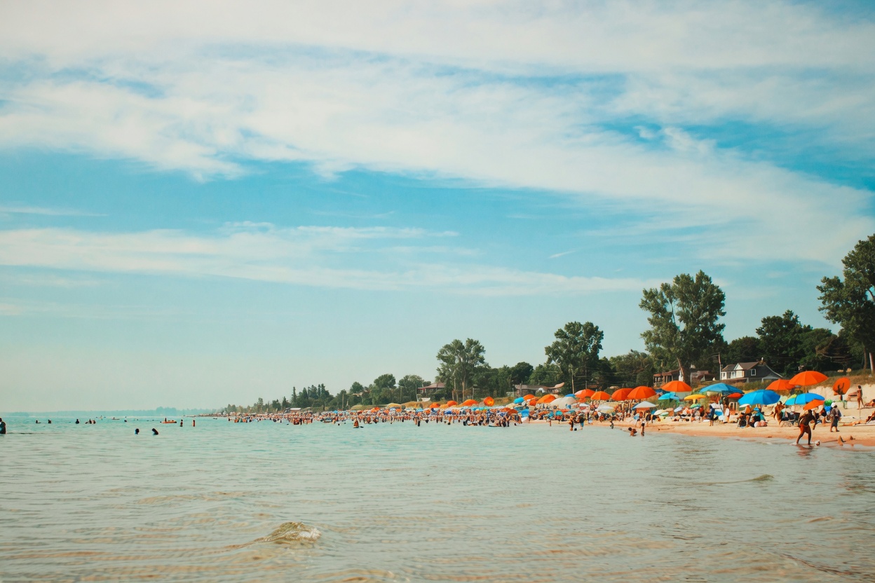 Busy sunny beach on Georgian Bay near Wasaga Beach, Ontario